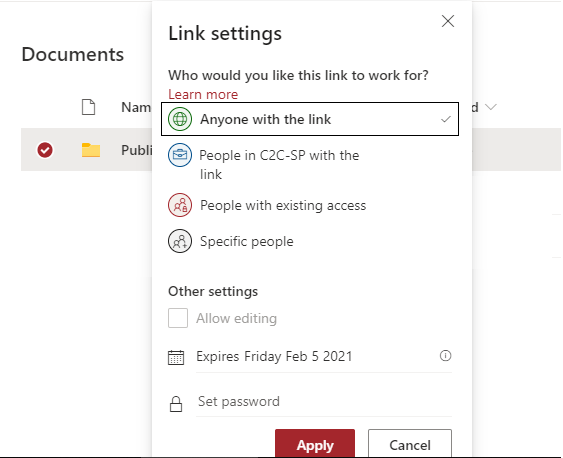 SharePoint access Link settings - Anyone.PNG